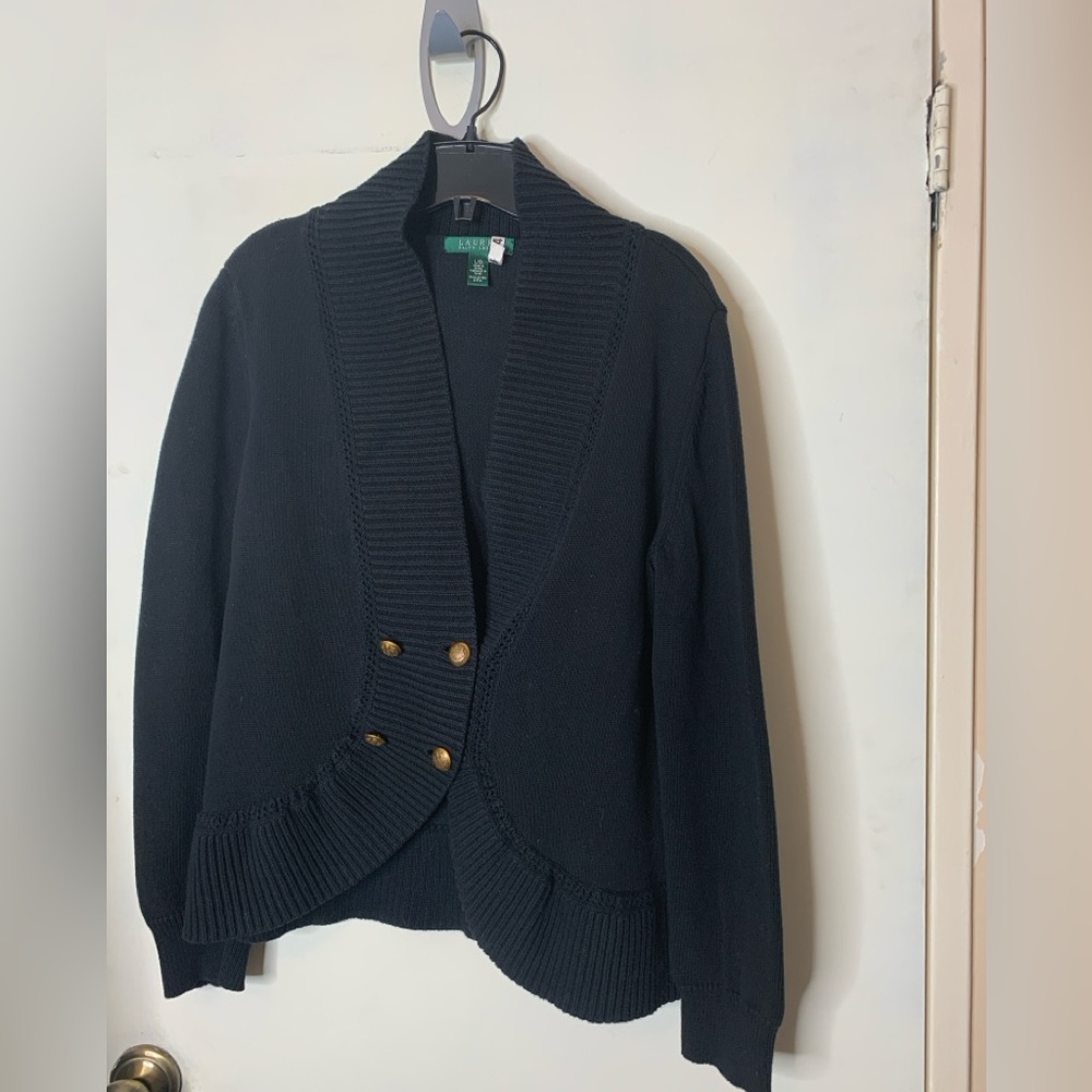 Lauren Ralph Lauren Knit Cardigan Sweater Women L Black Shawl Collar Double Row